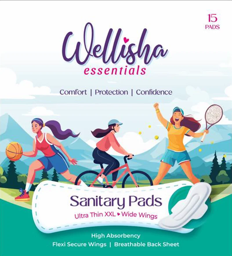 Front of the Wellisha Essentials Ultra Thin XXL sanitary pads pack