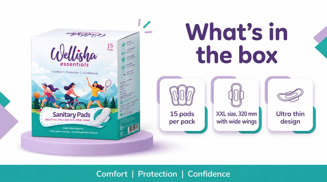 Wellisha box: 15 pads per pack, XXL 320 mm with wide wings, ultra thin design
